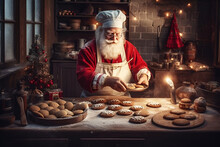 Santa Claus Bakes Christmas Cookies In His Magical Kitchen. Generated AI