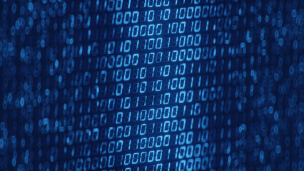 Blue digital binary data on a computer screen 3D render