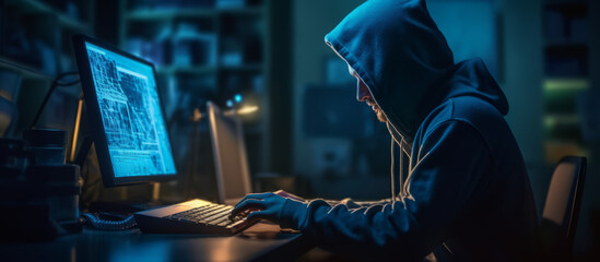 A faceless hacker sitting in front of a computer screen. Generative AI 