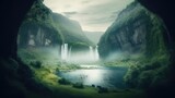 Fototapeta Natura - Stunning view on beautiful big waterfall in the mountains with mist and copy space. Amazing landscape. Outdoor nature background. AI generative image.
