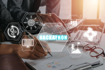 Wall Mural - hackathon technology programming startup concept, business team using laptop computer on desk with h