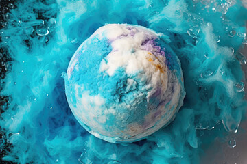 One bath bomb on an abstract colored background. Water bombshell, creative wallpaper in blue white colors. Close-up, concept of handmade bombs. Generative AI professional photo imitation.