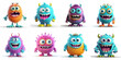 Happy Halloween. Monster colorful 3d set. Cute kawaii cartoon scary funny baby character. Eyes, tongue, tooth fang, hands up. White background
