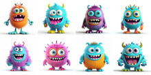 Happy Halloween. Monster Colorful 3d Set. Cute Kawaii Cartoon Scary Funny Baby Character. Eyes, Tongue, Tooth Fang, Hands Up. White Background