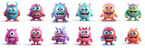Happy Halloween. Monster colorful 3d set. Cute kawaii cartoon scary funny baby character. Eyes, tongue, tooth fang, hands up. White background - Generative AI