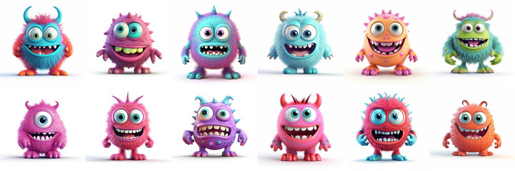 Wall Mural - Happy Halloween. Monster colorful 3d set. Cute kawaii cartoon scary funny baby character. Eyes, tongue, tooth fang, hands up. White background - Generative AI