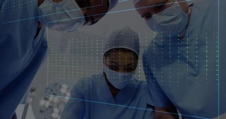 Canvas Print - Animation of heart rate monitor against team of diverse surgeons performing surgery at hospital