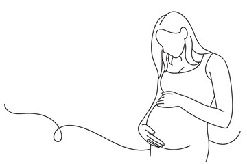 continuous line art drawing of pregnant woman touching her belly. maternity vector illustration