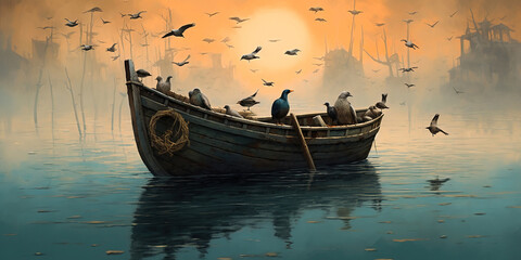 Wall Mural - generative ai: lonely boat in paradisiacal and calm landscape