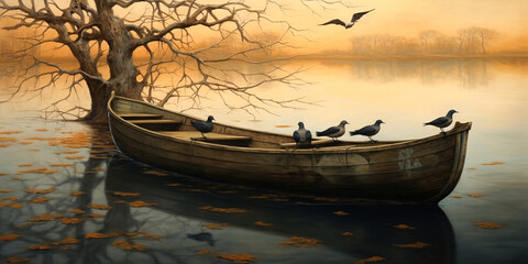 Wall Mural - generative ai: lonely boat in paradisiacal and calm landscape