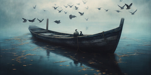 Wall Mural - generative ai: lonely boat in paradisiacal and calm landscape
