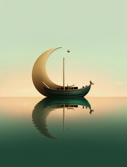 Wall Mural - generative ai: lonely boat in paradisiacal and calm landscape