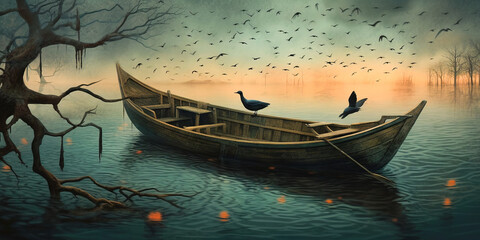 Wall Mural - generative ai: lonely boat in paradisiacal and calm landscape