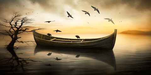 Wall Mural - generative ai: lonely boat in paradisiacal and calm landscape