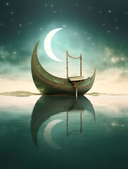 Wall Mural - generative ai: lonely boat in paradisiacal and calm landscape