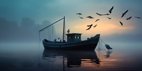 Wall Mural - generative ai: lonely boat in paradisiacal and calm landscape