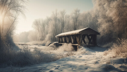 Wall Mural - Winter landscape old tree stands in snow generated by AI