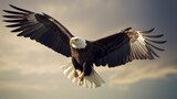 Bald Eagle flying in the cloudy sky. Generative AI.