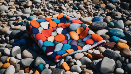 Poster - Smooth stones stack on sand, colorful pattern generated by AI