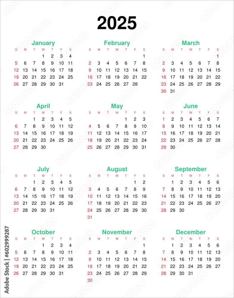 2025 Calendar year vector illustration. The week starts on Sunday. Annual calendar 2025 template