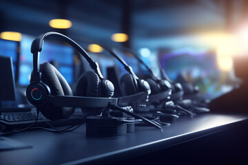 Headset and customer support equipment in call center service on futuristic background. Ai generative