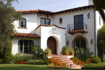 Wall Mural - Spanish Colonial Style House - Originated in the Americas during the Spanish colonial period, characterized by a stucco exterior, red tile roof, and arched doorways and windows (Generative AI)