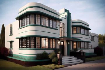 Art Deco Style House - Originated in France in the 1920s and 1930s, characterized by geometric shapes, sleek lines, and bold colors (Generative AI)