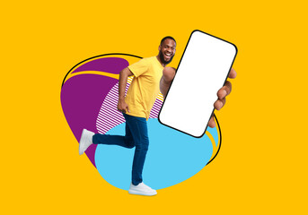 Wall Mural - check this. cheerful black man showing smartphone with blank screen, collage