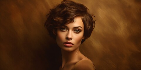 Portrait of a beautiful brown-haired woman with a short haircut on a brown background. Generative ai.