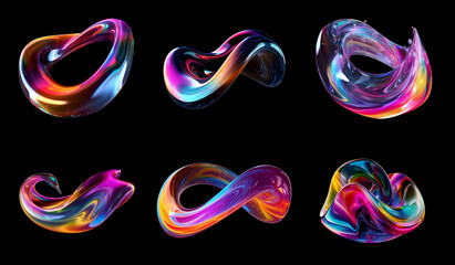 Transparent rainbow liquid flow shapes set isolated. Iridescent holographic wavy fluid glass circle substance, diffraction effect. Ai generated