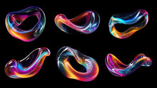 Transparent Rainbow Liquid Flow Shapes Set Isolated. Iridescent Holographic Wavy Fluid Glass Circle Substance, Diffraction Effect. Ai Generated
