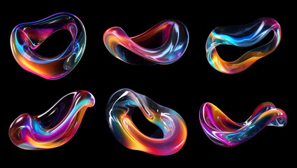 Wall Mural - transparent rainbow liquid flow shapes set isolated. iridescent holographic wavy fluid glass circle 