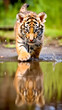 Cute baby tiger running through the water in wilderness. Created with Generative AI technology.