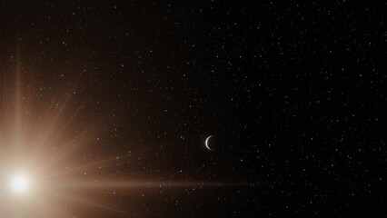 Wall Mural - the camera descends approaching to the surface of a red planet with sun and three moons orbiting abo