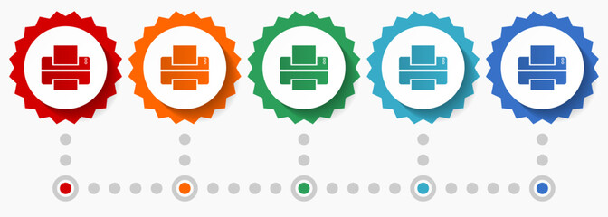 Fototapete - Printer, print vector icon set, colorful infographic template, set of flat design badge icons in 5 color options