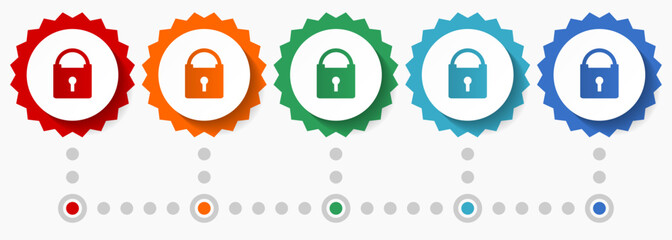 Aufkleber - Padlock, security vector icon set, colorful infographic template, set of flat design badge icons in 5 color options