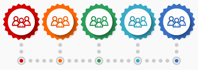 Poster - People, group vector icon set, colorful infographic template, set of flat design badge icons in 5 color options