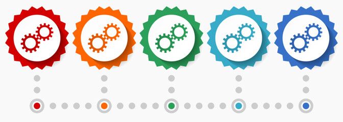 Aufkleber - Gears, cogwheel vector icon set, colorful infographic template, set of flat design badge icons in 5 color options