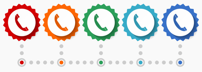 Leinwandbilder - Phone, call, contact vector icon set, colorful infographic template, set of flat design badge icons in 5 color options