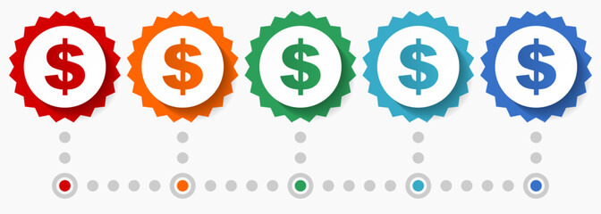 Poster - Dollar vector icon set, colorful infographic template, set of flat design badge icons in 5 color options