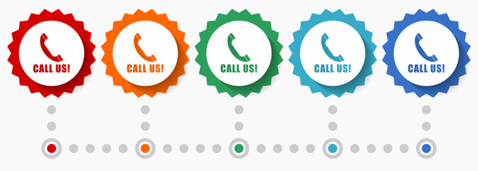 Poster - Call us vector icon set, colorful infographic template, set of flat design badge icons in 5 color options