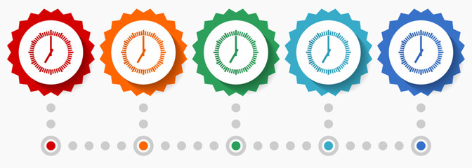 Poster - Time, clock, watch vector icon set, colorful infographic template, set of flat design badge icons in 5 color options