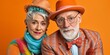portrait of an cool and happy senior couple with hat, crazy lifestyle concept, fictional persons created with generative ai