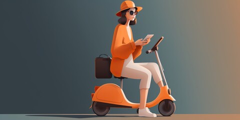 A woman in a hat and glasses, holding a cell phone on her scooter, in the style of light orange and dark gray, concept of Urban mobility, created with Generative AI technology