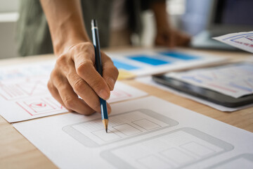 Wall Mural - group of asian creative team programing designers participate in all phases of the ux design.