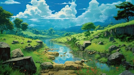 wide angle panorama of beautiful anime style fantasy green landscape with blue sky using generative 