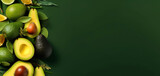 Fototapeta Kuchnia - 
Banner with an empty green background and avocado fruits on its left side. Empty space for text. Healthy green fruit. Space for advertising.