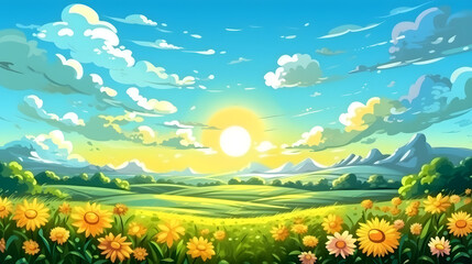 Wall Mural - Cartoon sunny day in the city, background. Generative AI