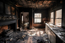 Aftermath Of A House Fire. Ruined House Interior In Building After Fire. Burned Walls And Furniture. Generative AI