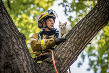 Firefighters Saving A Cat From A Tree. Brave Fireman Climbing A Tree To Rescue A Cat. Generative AI